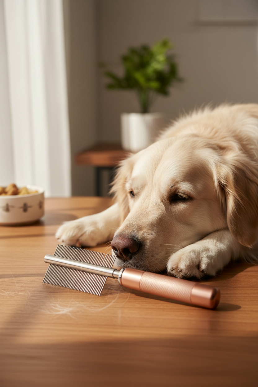 Pet grooming comb with dual teeth next to a fluffy dog, warm natural light