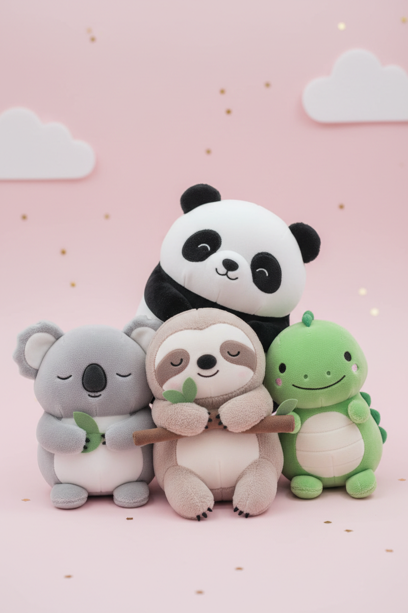 Adorable soft plush stuffed animal dolls including panda, koala, sloth and dinosaur on a pastel pink background